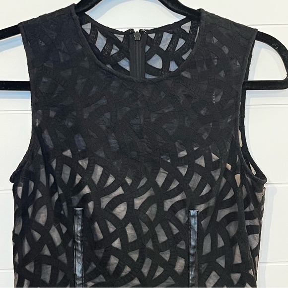 Vince Camuto Black Patterned Midi Dress Leather Stripes Lined Size 2 Whimsigoth - Picture 3 of 16